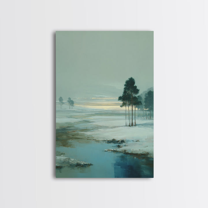 Fjord Landscape with Icy Blue Water Framed Canvas Print, Landscape Art, Original Art, Living Room Decor, Fine Art, Horizon, LAN-2x3-47