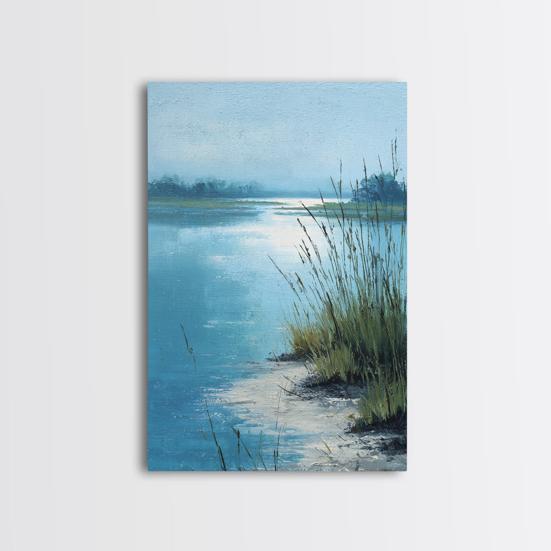 Moonlit River with Silver Reflections Canvas Print, Landscape Art, Original Painting, Living Room Decor, Fine Art, Horizon, LAN-2x3-5