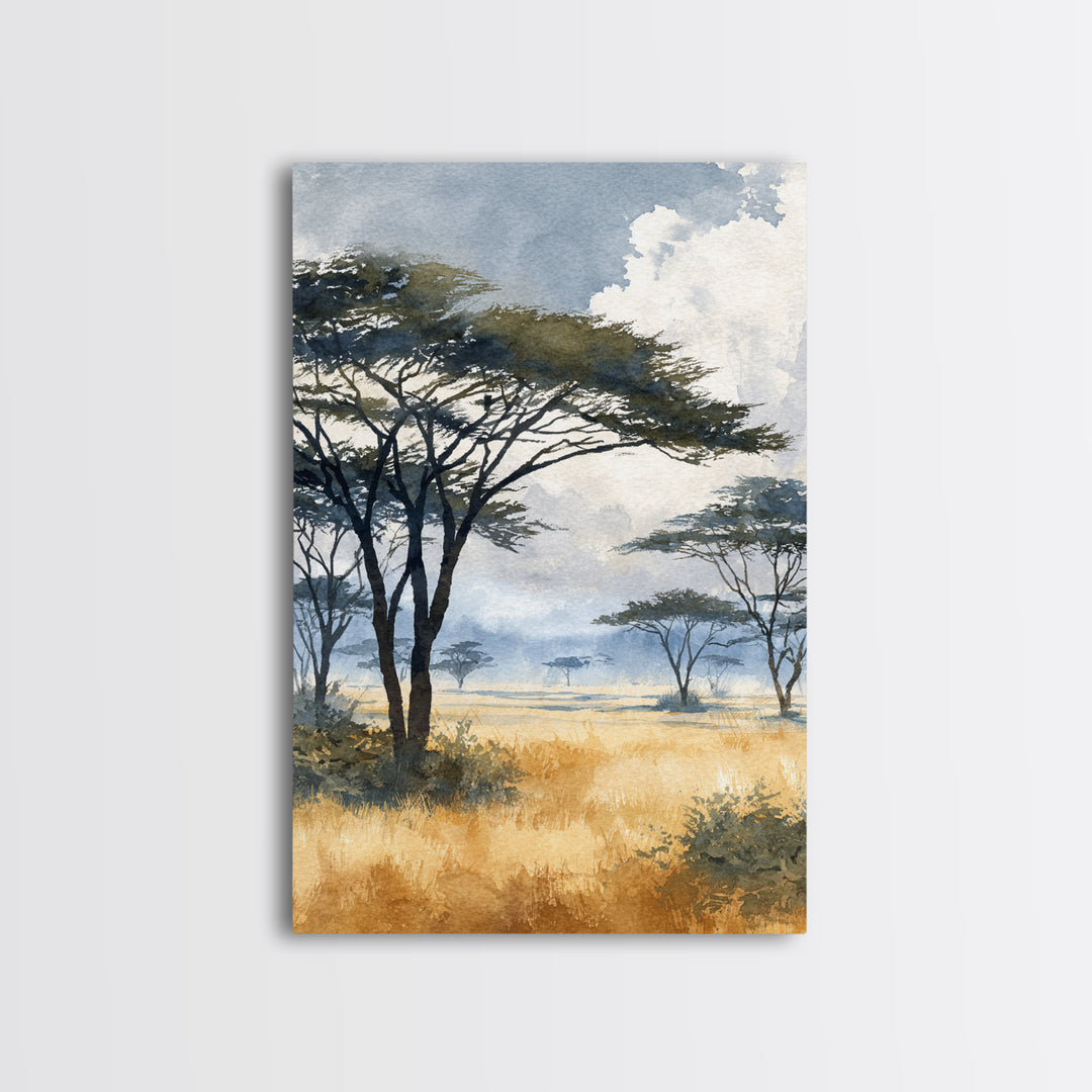 Wide Savanna with Acacia Silhouette Framed Canvas Print, Landscape Art, Digital Art, Living Room Decor, Fine Art, Horizon, LAN-2x3-51