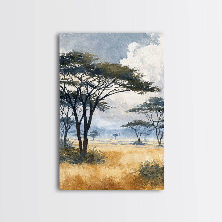 Wide Savanna with Acacia Silhouette Framed Canvas Print, Landscape Art, Digital Art, Living Room Decor, Fine Art, Horizon, LAN-2x3-51