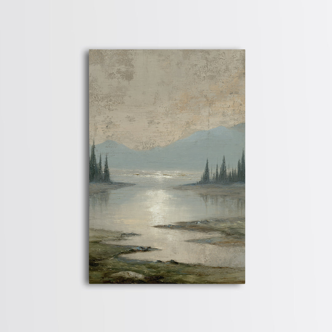 Moonlit River with Silver Reflections Framed Canvas Print, Landscape Art, Digital Print, Living Room Decor, Fine Art, Horizon, LAN-2x3-53