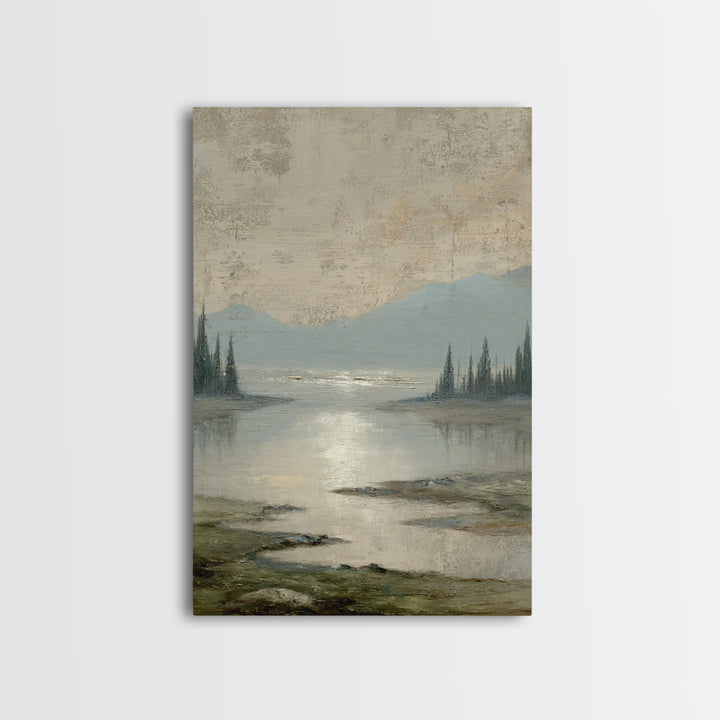 Moonlit River with Silver Reflections Framed Canvas Print, Landscape Art, Digital Print, Living Room Decor, Fine Art, Horizon, LAN-2x3-53