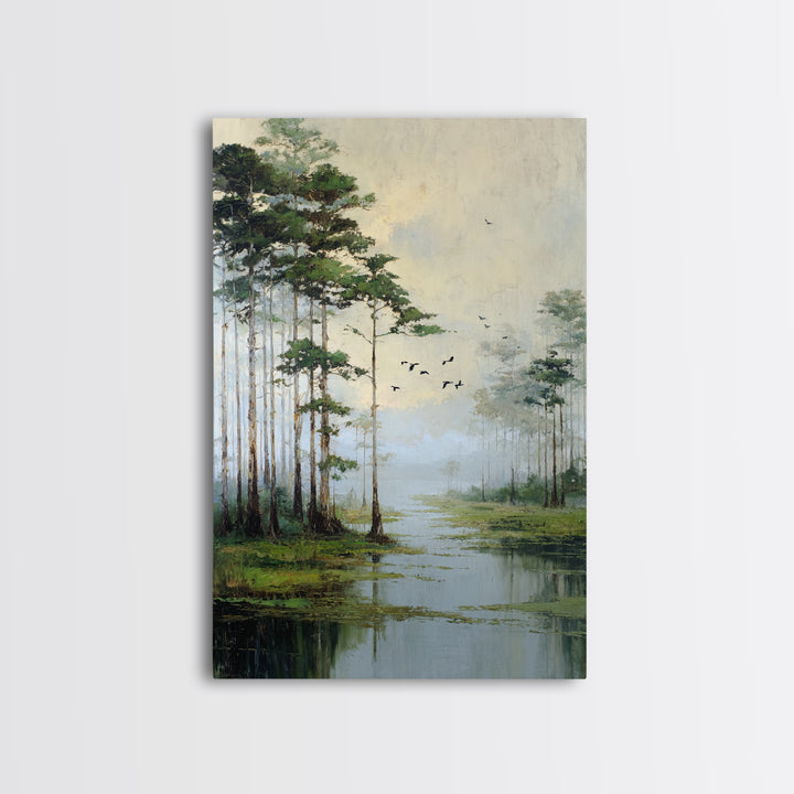 Misty Cypress Swamp Framed Canvas Print, Landscape Art, Minimalist Decor, Living Room Decor, Oil Painting, Horizon, LAN-2x3-6