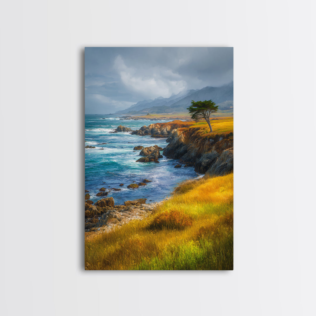 Coastal Cliffs with Crashing Waves Framed Canvas Print, Landscape Art, Art Prints, Living Room Decor, Fine Art, Horizon, LAN-2x3-64
