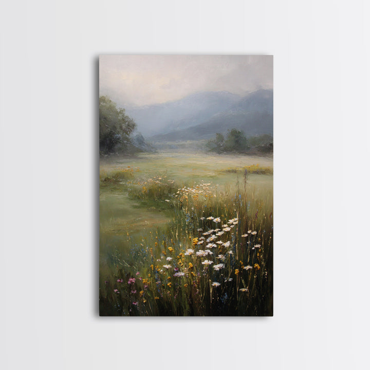 Sunlit Meadow with Wildflowers Framed Canvas Print, Landscape Art, Abstract Wall Art, Living Room Decor, Watercolor Art, LAN-2x3-69