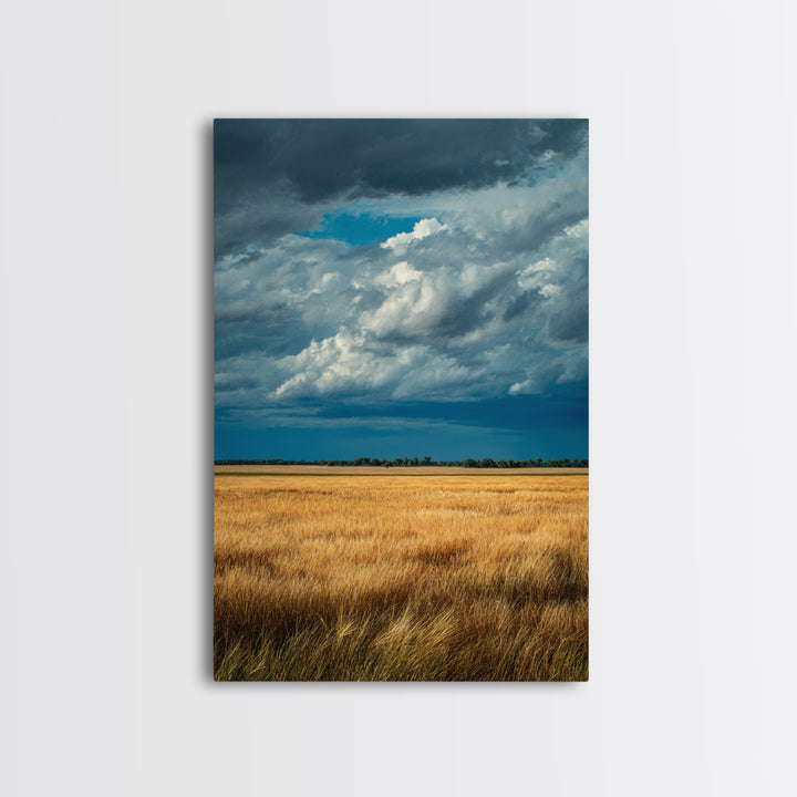 Golden Wheat Field Beneath Huge Clouds Framed Canvas Print, Landscape Art, Floral Wall Art, Living Room Decor, Horizon, LAN-2x3-8