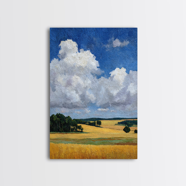 Golden Wheat Field Beneath Huge Clouds Framed Canvas Print, Landscape Art, Original Painting, Living Room Decor, Horizon, LAN-2x3-80