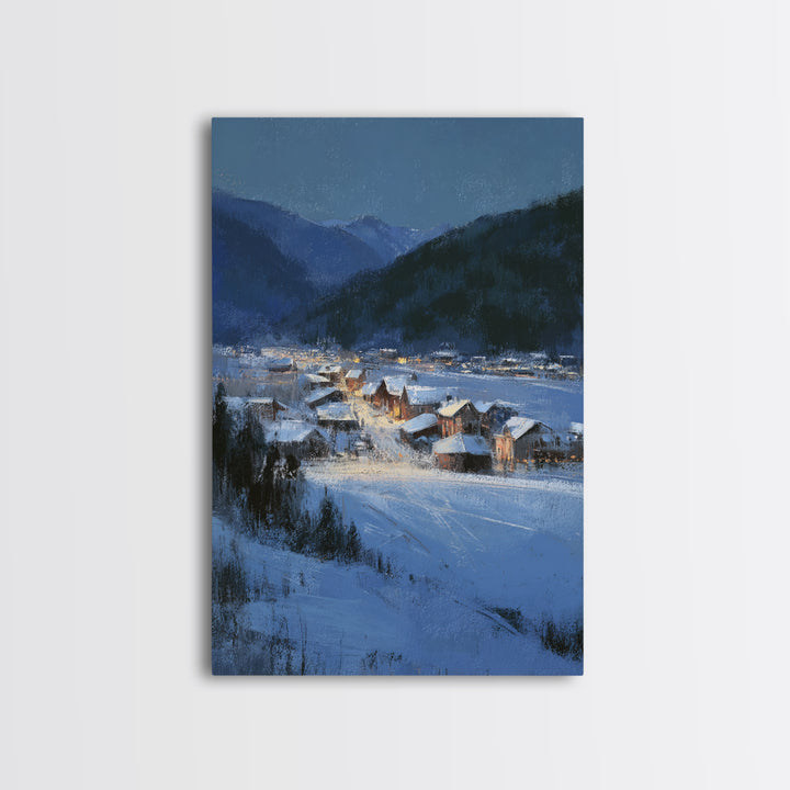 Snow Covered Alpine Village at Dusk Framed Canvas Print, Landscape Art, Living Room Wall Art, Living Room Decor, Oil Painting, LAN-2x3-87