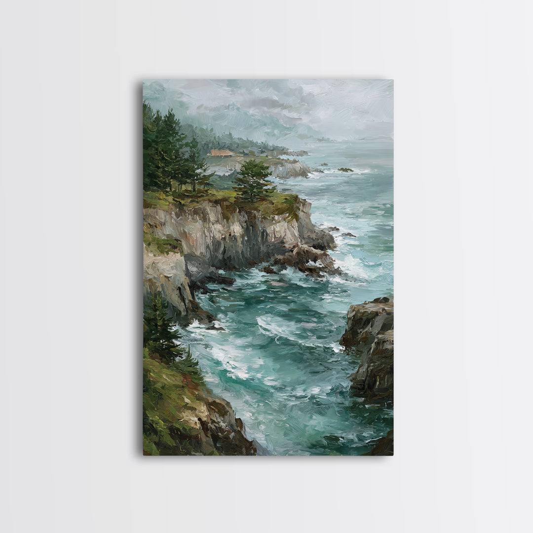 Coastal Cliffs with Crashing Waves Framed Canvas Print, Landscape Art, Farmhouse Decor, Living Room Decor, Fine Art, Horizon, LAN-2x3-88