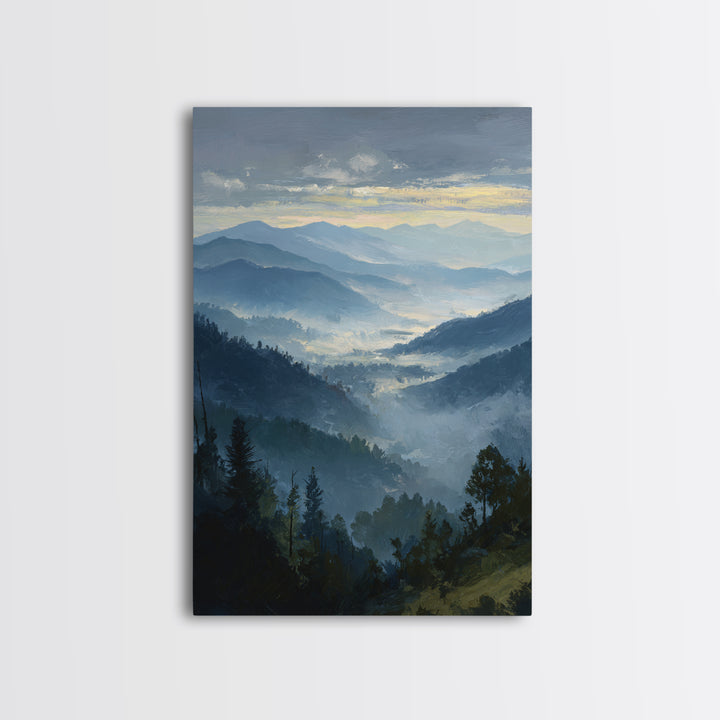Misty Mountain Valley at Sunrise Canvas Print, Landscape Art, Digital Wall Art, Living Room Decor, Fine Art, Horizon, LAN-2x3-9