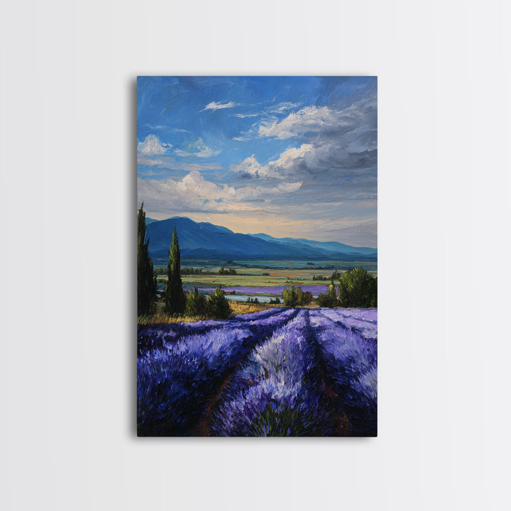 Lavender Field Leading to Distant Hills Framed Canvas Print, Landscape Art, Framed Wall Art, Living Room Decor, Oil Painting, LAN-2x3-90