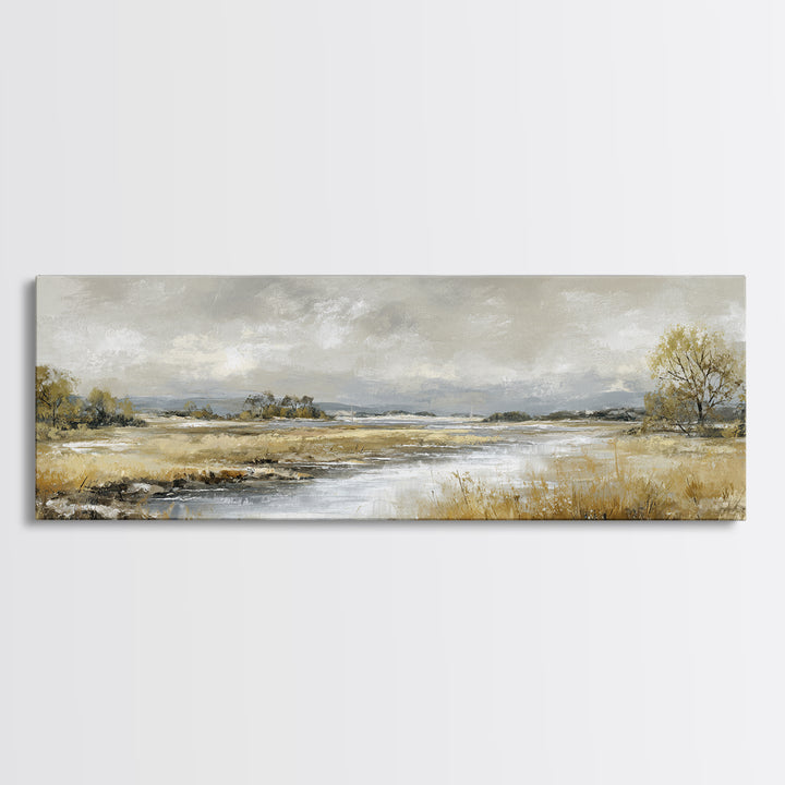 Moonlit River with Silver Reflections Canvas Print, Landscape Art, Living Room Decor, Oil Painting, Horizon, Modern Art, LAN-3x1-13
