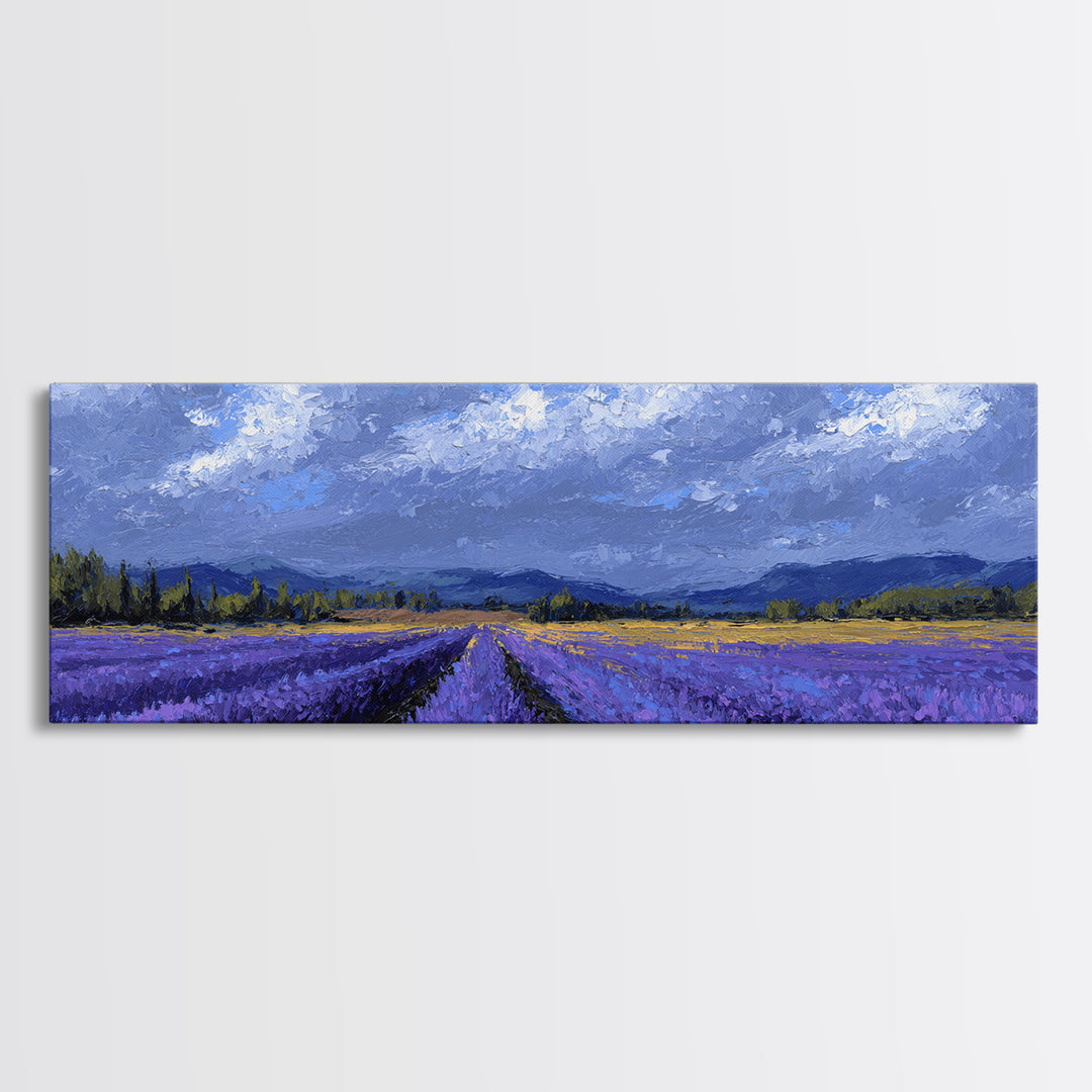 Lavender Field Leading to Distant Hills Framed Canvas Print, Landscape Art, Digital Wall Art, Living Room Decor, Horizon, LAN-3x1-2