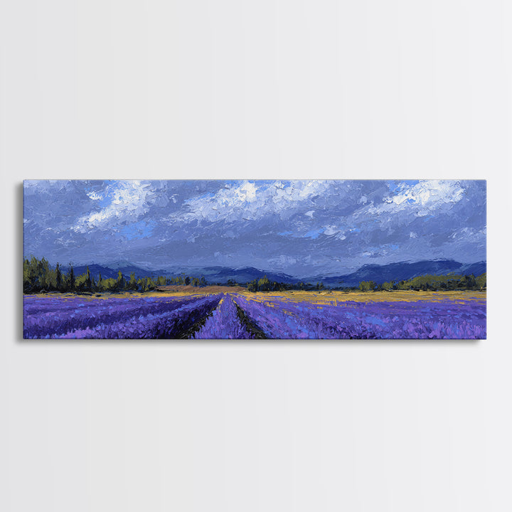 Lavender Field Leading to Distant Hills Framed Canvas Print, Landscape Art, Digital Wall Art, Living Room Decor, Horizon, LAN-3x1-2