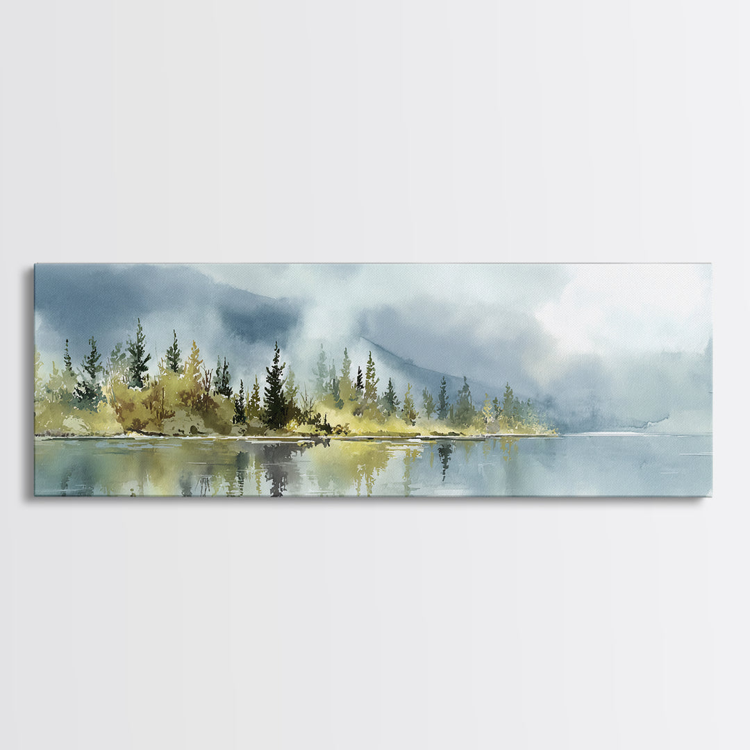 Quiet Lake Reflecting Pine Forest Canvas Print, Landscape Art, Living Room Wall Art, Living Room Decor, Oil Painting, Horizon, LAN-3x1-20