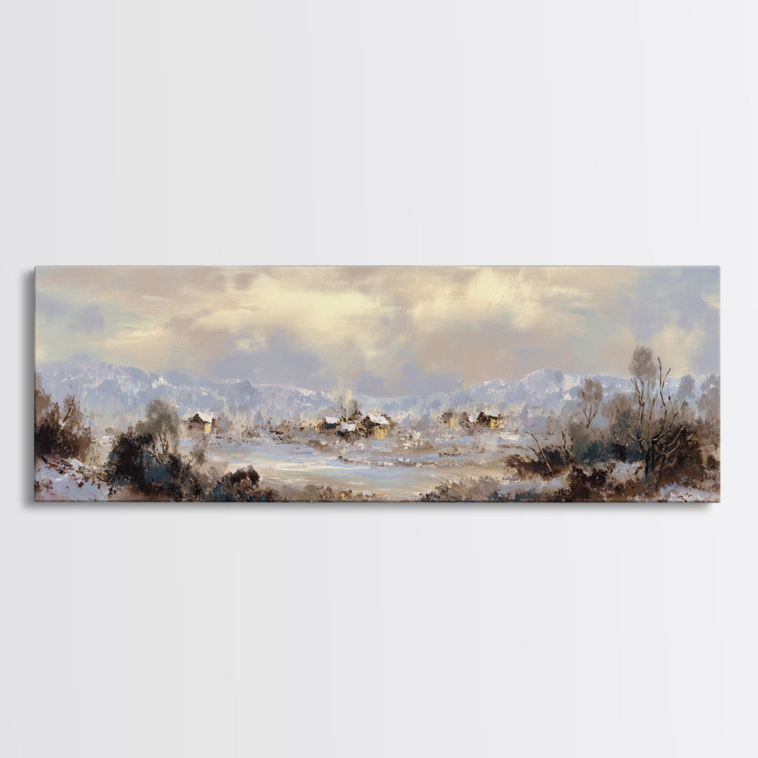 Snow Covered Alpine Village at Dusk Framed Canvas Print, Landscape Art, Room Decor, Living Room Decor, Fine Art, Horizon, LAN-3x1-23