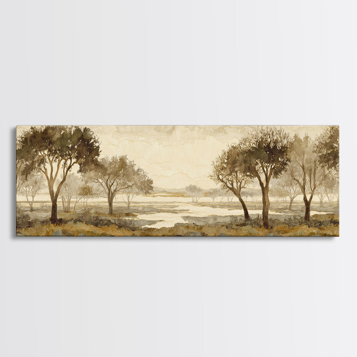Wide Savanna with Acacia Silhouette Canvas Print, Landscape Art, Minimalist Decor, Living Room Decor, Oil Painting, Horizon, LAN-3x1-35