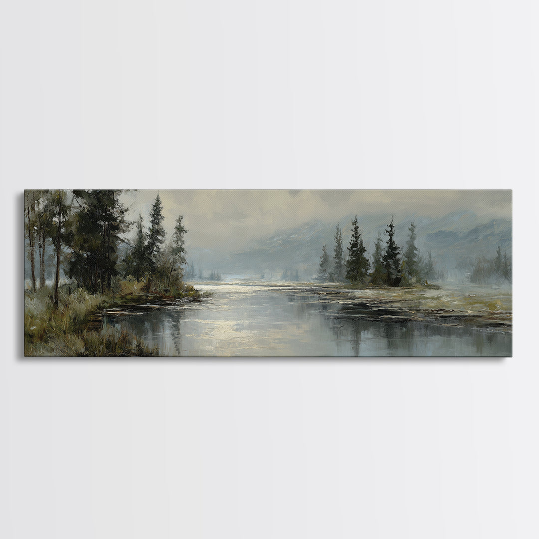 Moonlit River with Silver Reflections Framed Canvas Print, Landscape Art, Wall Art Print, Living Room Decor, Fine Art, Horizon, LAN-3x1-37
