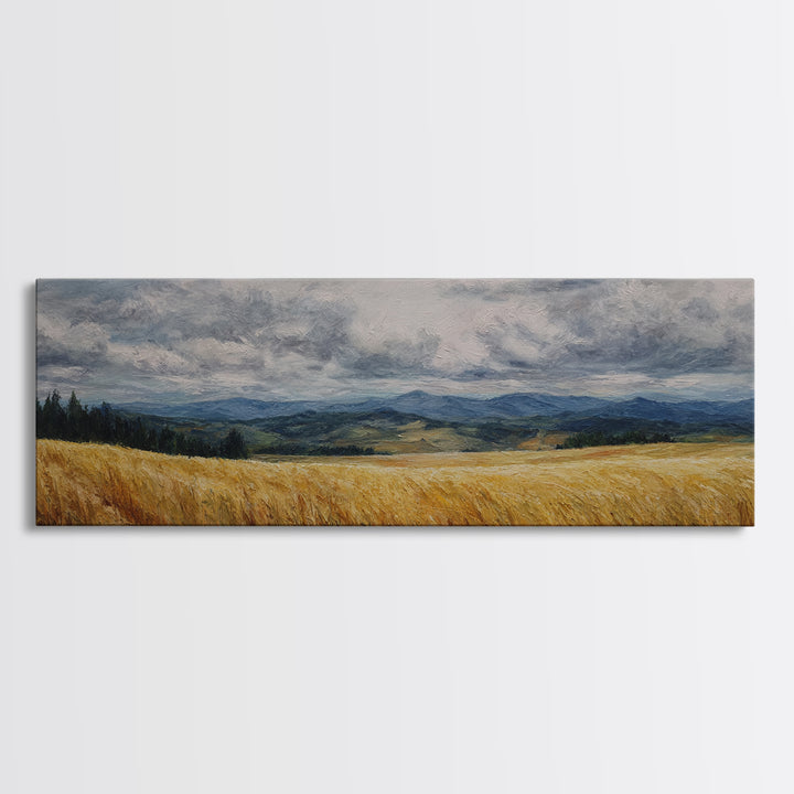 Golden Wheat Field Beneath Huge Clouds Canvas Print, Landscape Art, Neutral Decor, Living Room Decor, Oil Painting, Horizon, LAN-3x1-40