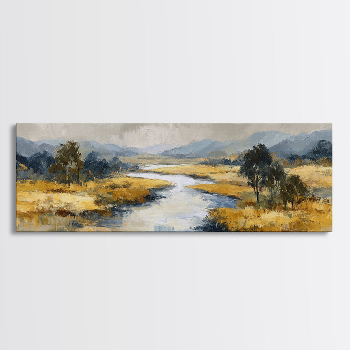 Winding River Through Golden Fields Canvas Print, Landscape Art, Boho Wall Art, Living Room Decor, Fine Art, Horizon, LAN-3x1-42