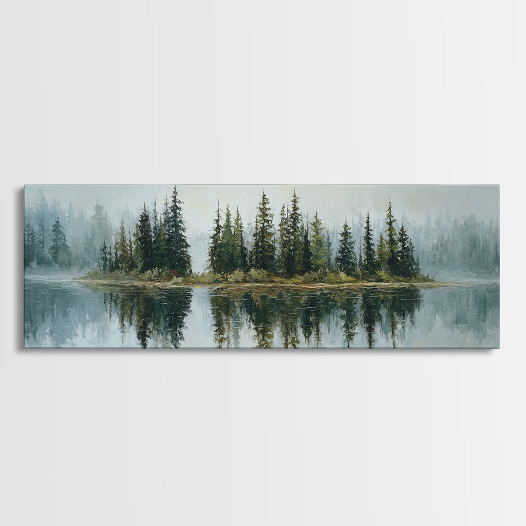 Quiet Lake Reflecting Pine Forest Framed Canvas Print, Landscape Art, Modern Decor, Living Room Decor, Fine Art, Horizon, LAN-3x1-44