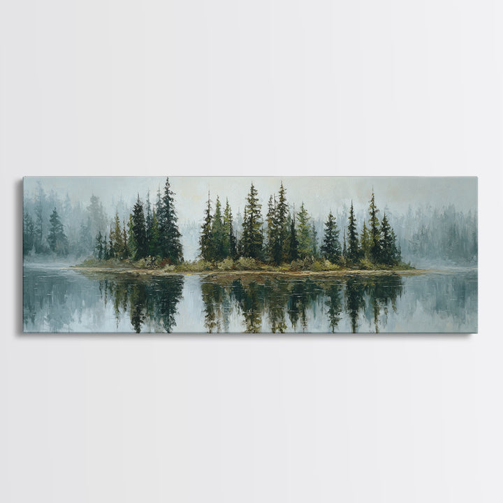 Quiet Lake Reflecting Pine Forest Framed Canvas Print, Landscape Art, Modern Decor, Living Room Decor, Fine Art, Horizon, LAN-3x1-44