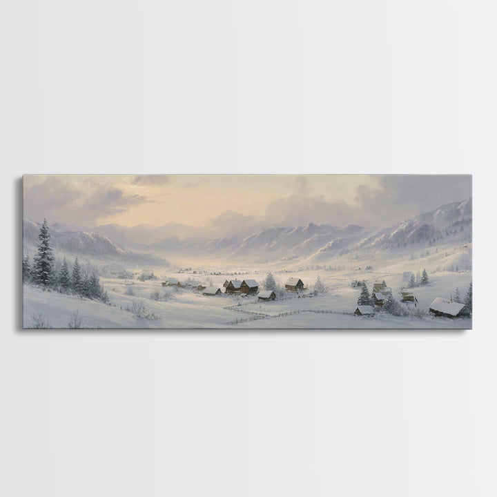 Snow Covered Alpine Village at Dusk Framed Canvas Print, Landscape Art, Digital Art, Living Room Decor, Fine Art, Horizon, LAN-3x1-47
