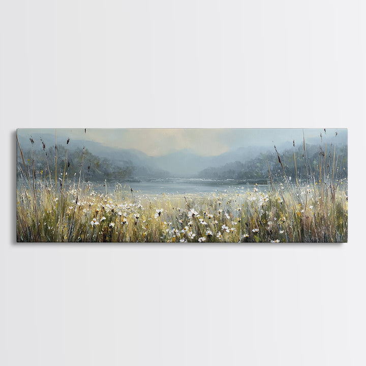 Sunlit Meadow with Wildflowers Framed Canvas Print, Landscape Art, Living Room Wall Art, Living Room Decor, Oil Painting, LAN-3x1-53