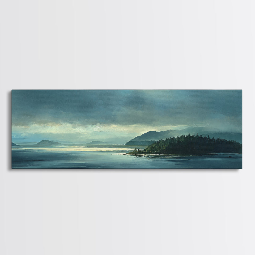 Fjord Landscape with Icy Blue Water Framed Canvas Print, Landscape Art, Decor, Living Room Decor, Oil Painting, Horizon, LAN-3x1-55