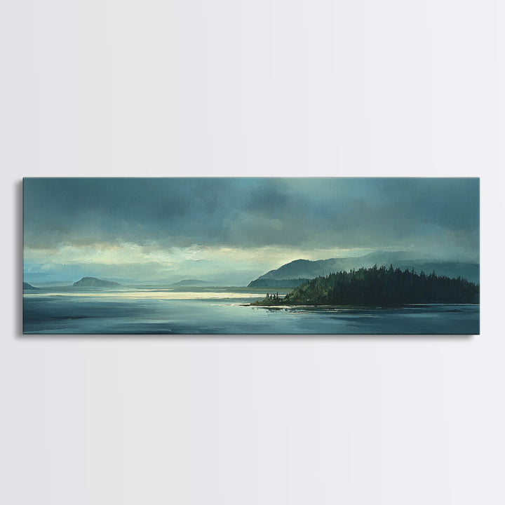 Fjord Landscape with Icy Blue Water Framed Canvas Print, Landscape Art, Decor, Living Room Decor, Oil Painting, Horizon, LAN-3x1-55