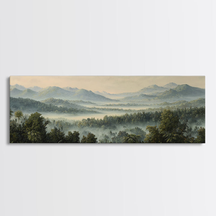 Tropical Jungle Waterfall Framed Canvas Print, Landscape Art, Minimalist Decor, Living Room Decor, Oil Painting, Horizon, LAN-3x1-56