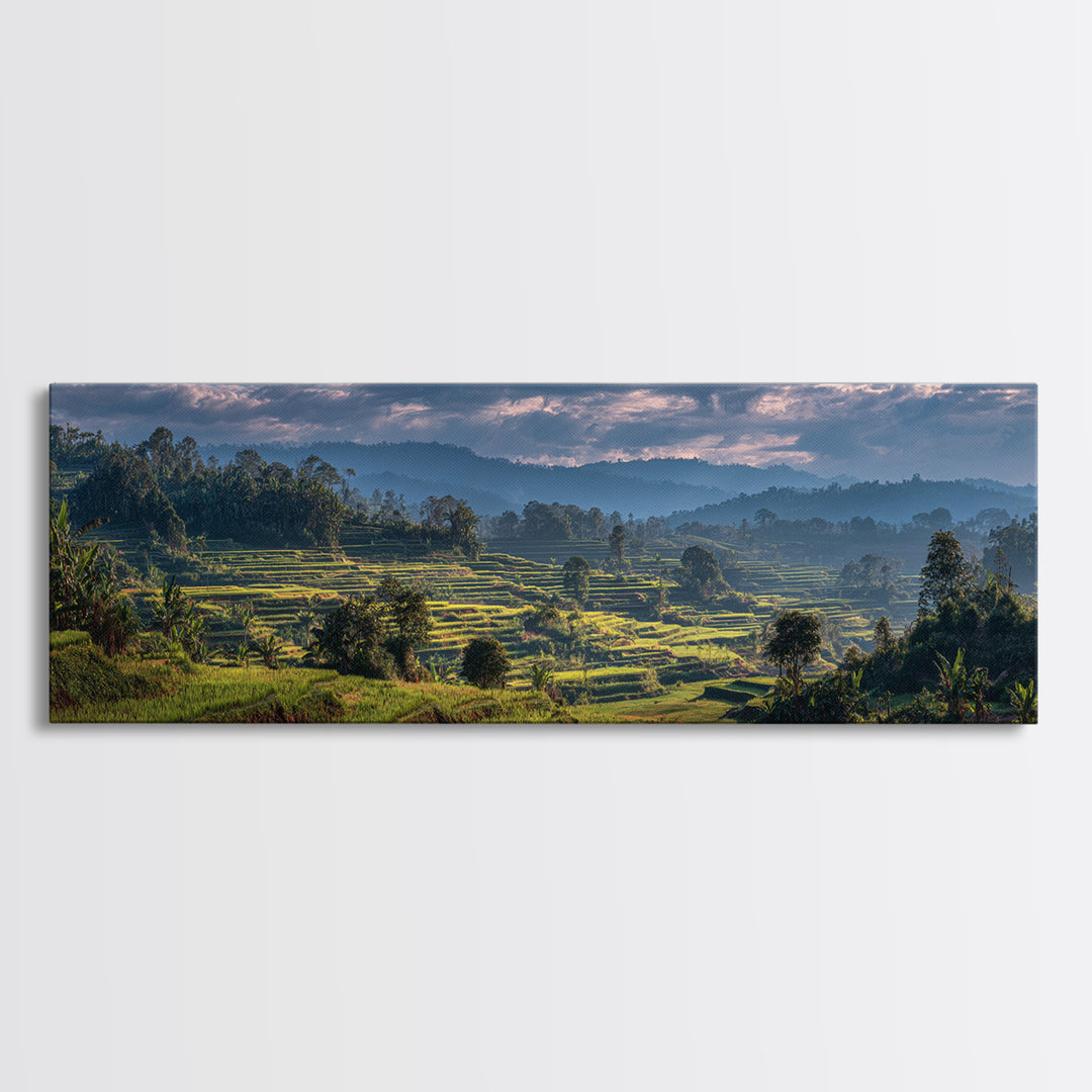 Rice Terraces Glowing Framed Canvas Print, Landscape Art, Living Room Decor, Oil Painting, Horizon, Modern Art, Gallery Decor, LAN-3x1-58