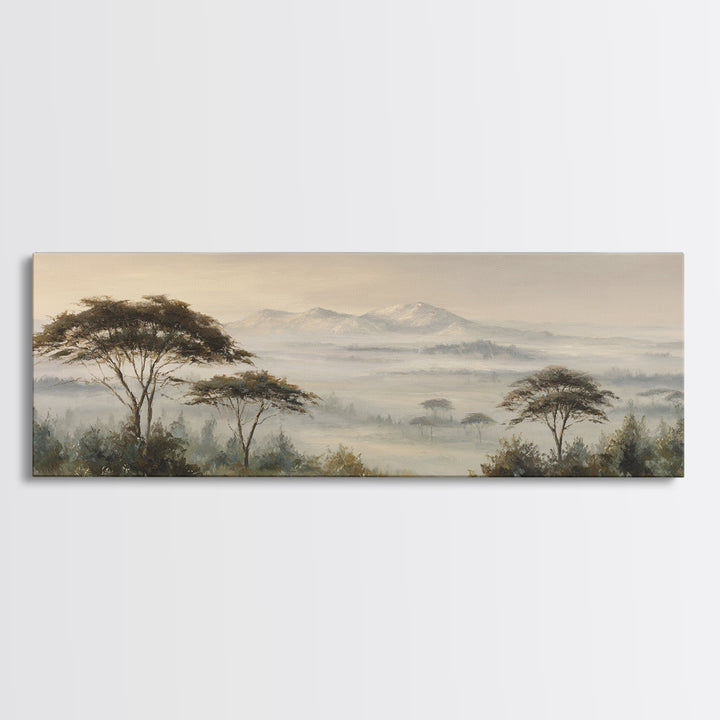 Wide Savanna with Acacia Silhouette Framed Canvas Print, Landscape Art, Digital Prints, Living Room Decor, Fine Art, Horizon, LAN-3x1-59