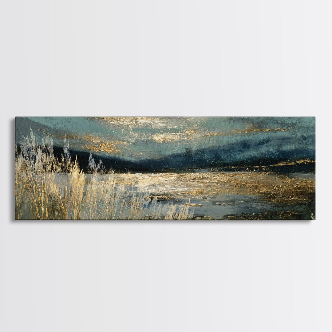 Moonlit River with Silver Reflections Canvas Print, Landscape Art, Floral Wall Art, Living Room Decor, Fine Art, Horizon, LAN-3x1-61