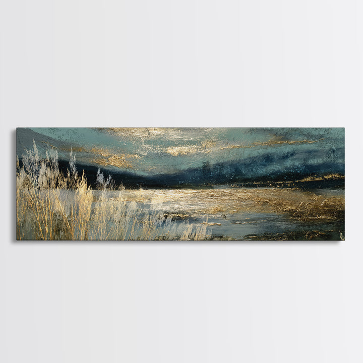 Moonlit River with Silver Reflections Canvas Print, Landscape Art, Floral Wall Art, Living Room Decor, Fine Art, Horizon, LAN-3x1-61