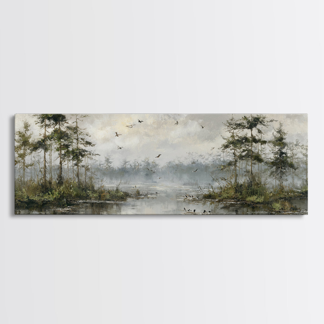 Misty Cypress Swamp Canvas Print, Landscape Art, Boho Decor, Living Room Decor, Fine Art, Horizon, Art Prints, Digital Art, LAN-3x1-62