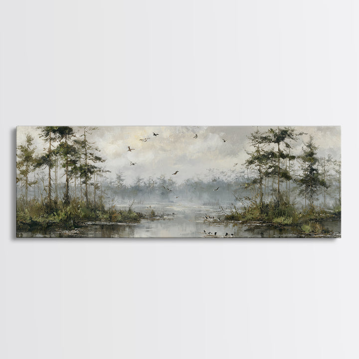 Misty Cypress Swamp Canvas Print, Landscape Art, Boho Decor, Living Room Decor, Fine Art, Horizon, Art Prints, Digital Art, LAN-3x1-62