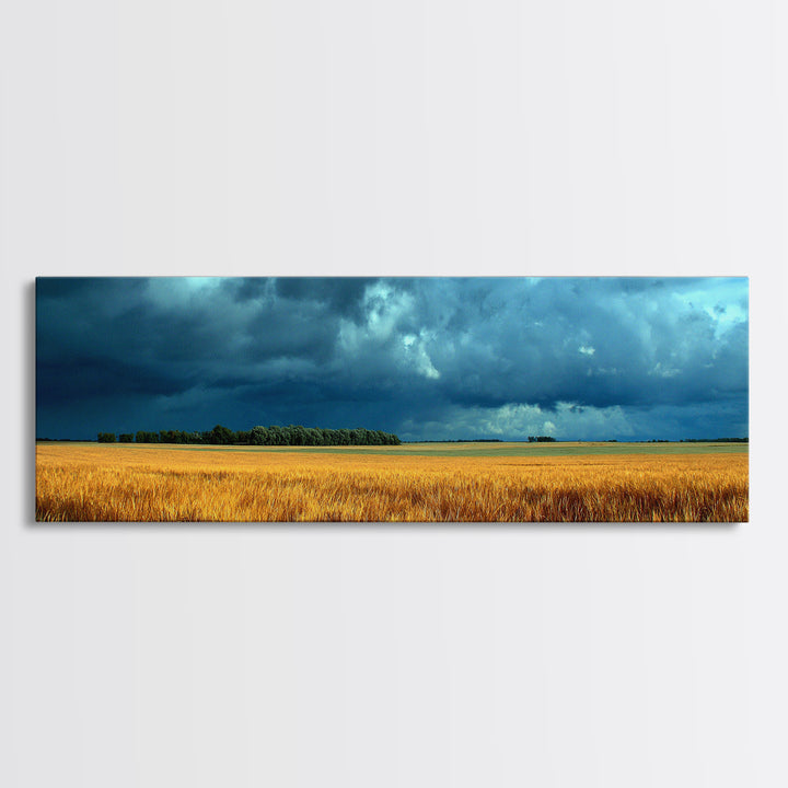 Golden Wheat Field Beneath Huge Clouds Framed Canvas Print, Landscape Art, Luxury Decor, Living Room Decor, Fine Art, Horizon, LAN-3x1-64