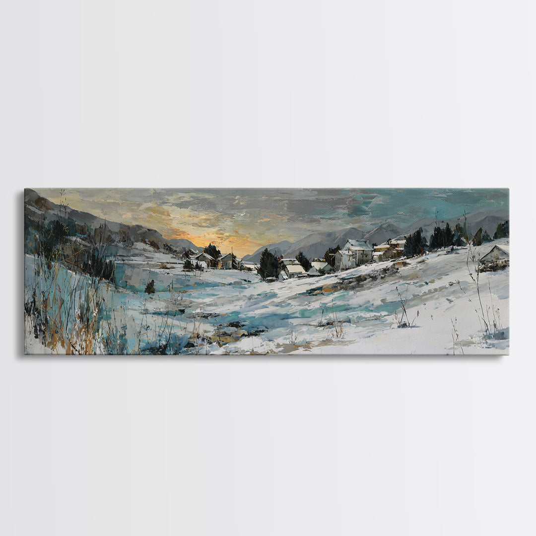 Snow Covered Alpine Village at Dusk Canvas Print, Landscape Art, Framed Wall Art, Living Room Decor, Oil Painting, Horizon, LAN-3x1-71