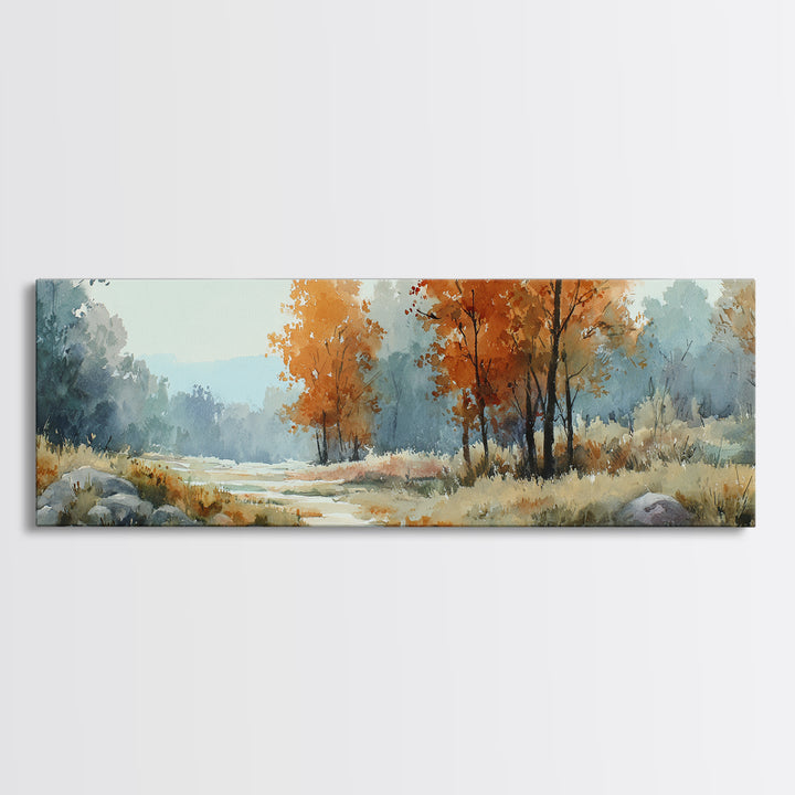 Autumn Forest Path Framed Canvas Print, Landscape Art, Neutral Decor, Living Room Decor, Oil Painting, Horizon, Home Decor, LAN-3x1-73