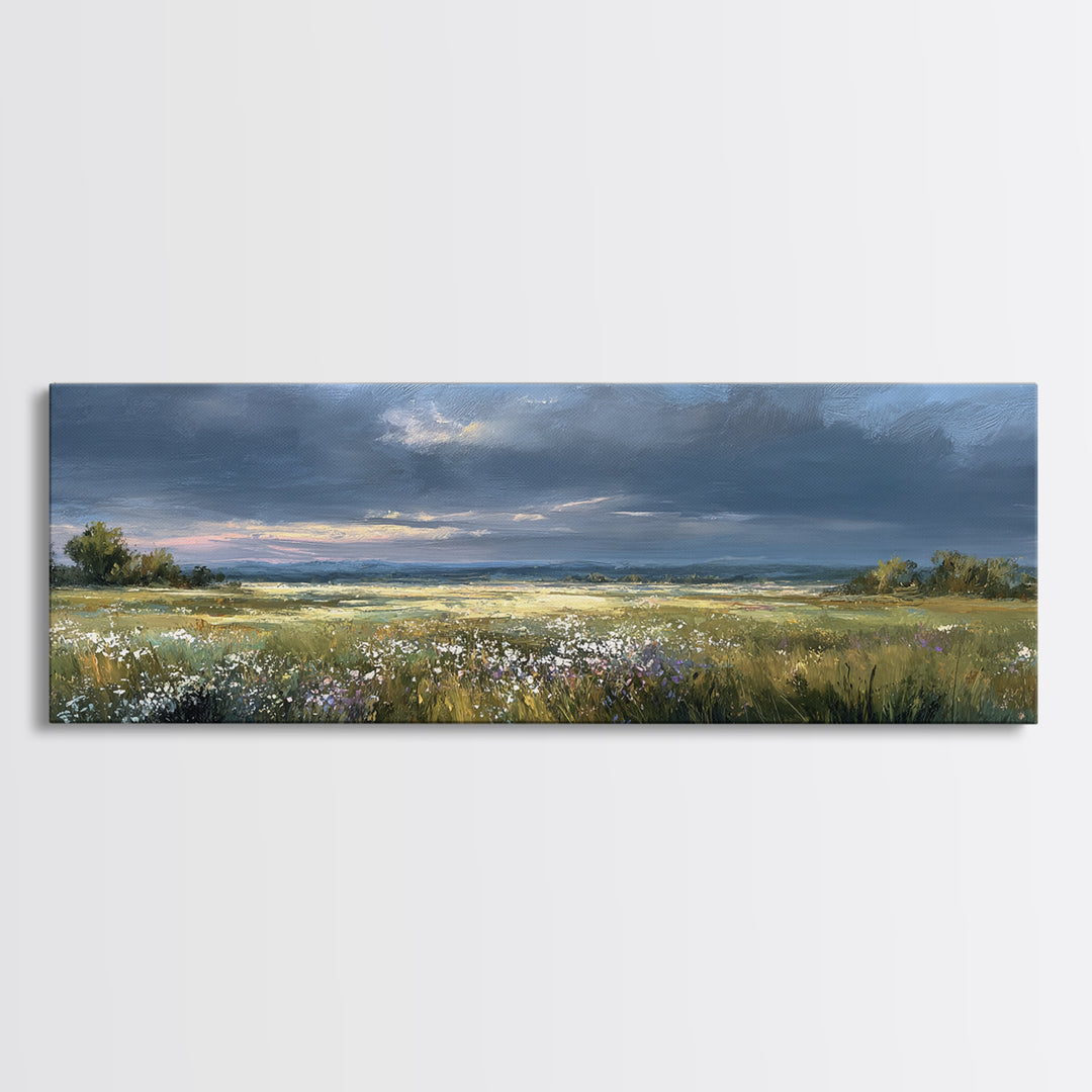 Sunlit Meadow with Wildflowers Framed Canvas Print, Landscape Art, Living Room Wall Art, Living Room Decor, Oil Painting, LAN-3x1-77