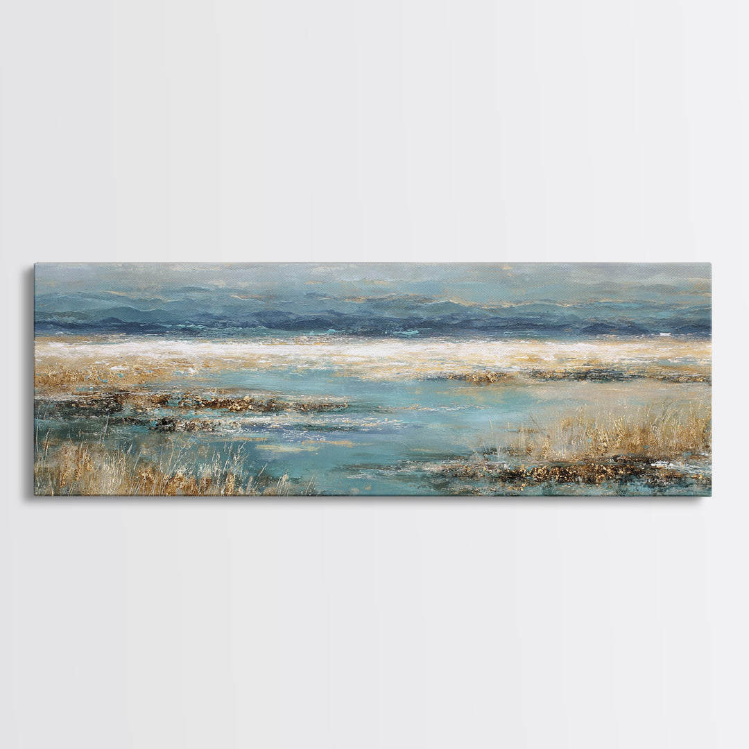 Fjord Landscape with Icy Blue Water Framed Canvas Print, Landscape Art, Digital Print, Living Room Decor, Fine Art, Horizon, LAN-3x1-79