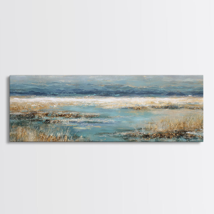 Fjord Landscape with Icy Blue Water Framed Canvas Print, Landscape Art, Digital Print, Living Room Decor, Fine Art, Horizon, LAN-3x1-79