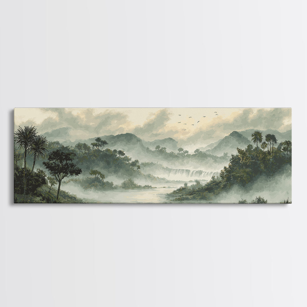 Tropical Jungle Waterfall Canvas Print, Landscape Art, Digital Prints, Living Room Decor, Fine Art, Horizon, Farmhouse Decor, LAN-3x1-80