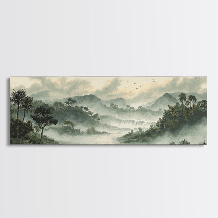 Tropical Jungle Waterfall Canvas Print, Landscape Art, Digital Prints, Living Room Decor, Fine Art, Horizon, Farmhouse Decor, LAN-3x1-80