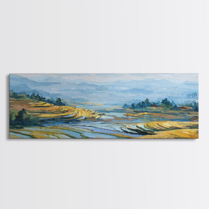 Rice Terraces Glowing Framed Canvas Print, Landscape Art, Living Room Decor, Oil Painting, Horizon, Modern Art, Gallery Decor, LAN-3x1-82