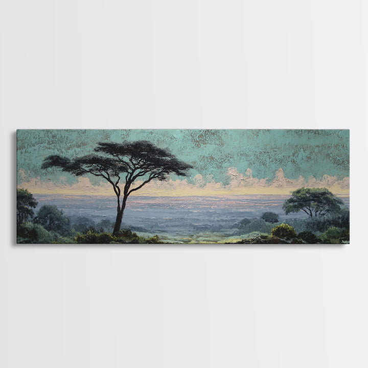 Wide Savanna with Acacia Silhouette Canvas Print, Landscape Art, Digital Wall Art, Living Room Decor, Fine Art, Horizon, LAN-3x1-83