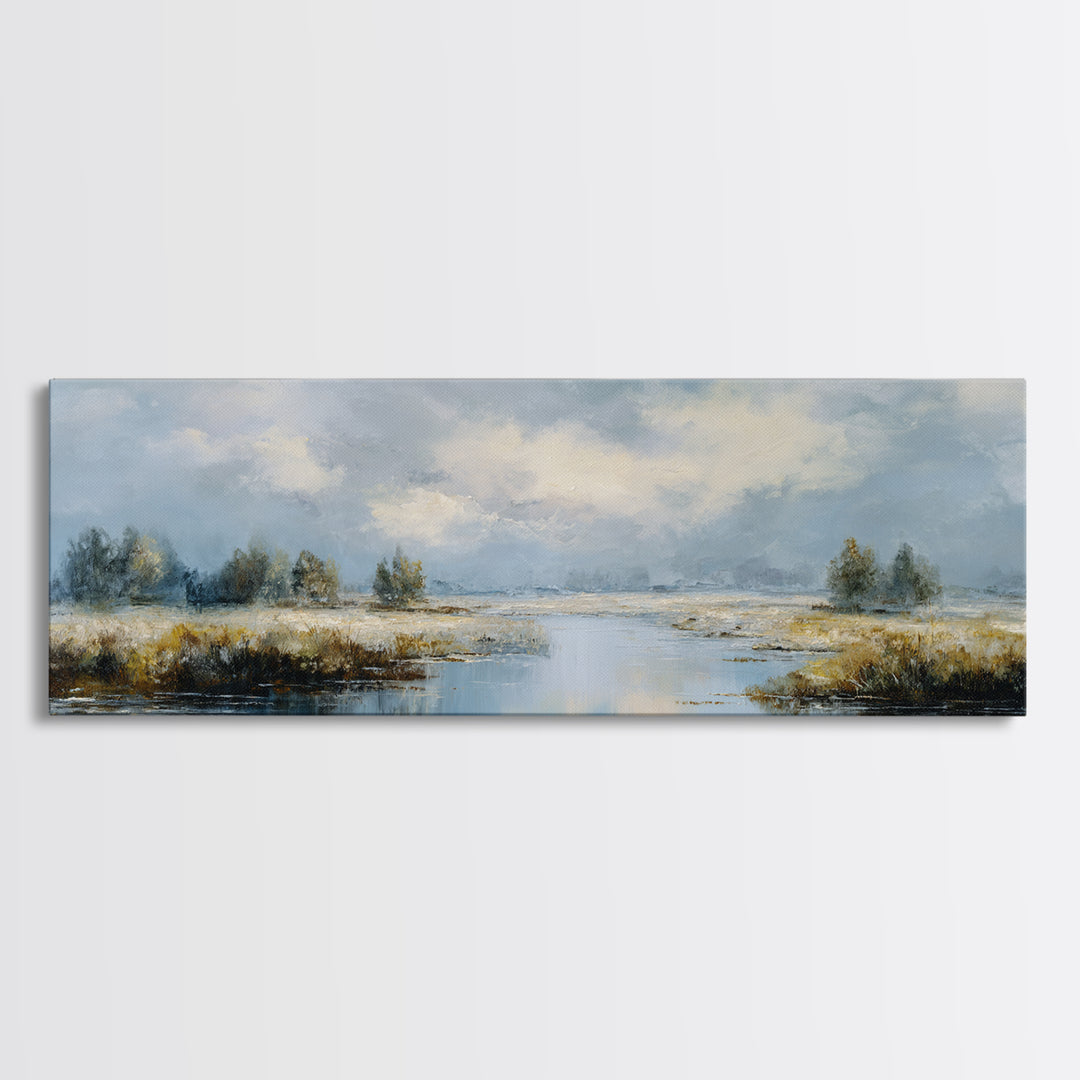 Moonlit River with Silver Reflections Canvas Print, Landscape Art, Floral Wall Art, Living Room Decor, Fine Art, Horizon, LAN-3x1-85