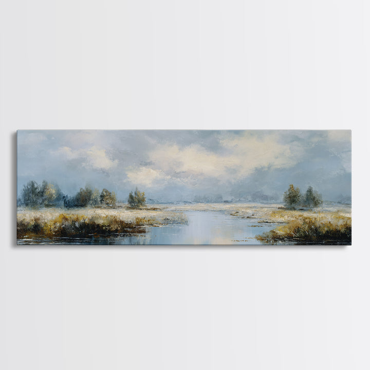 Moonlit River with Silver Reflections Canvas Print, Landscape Art, Floral Wall Art, Living Room Decor, Fine Art, Horizon, LAN-3x1-85