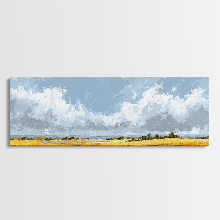 Golden Wheat Field Beneath Huge Clouds Canvas Print, Landscape Art, Wall Art, Living Room Decor, Horizon, Framed Wall Art, LAN-3x1-88